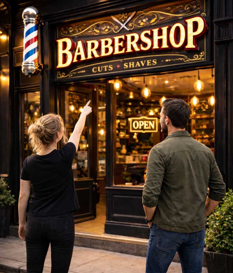 barbershop image with people outside looking at signage