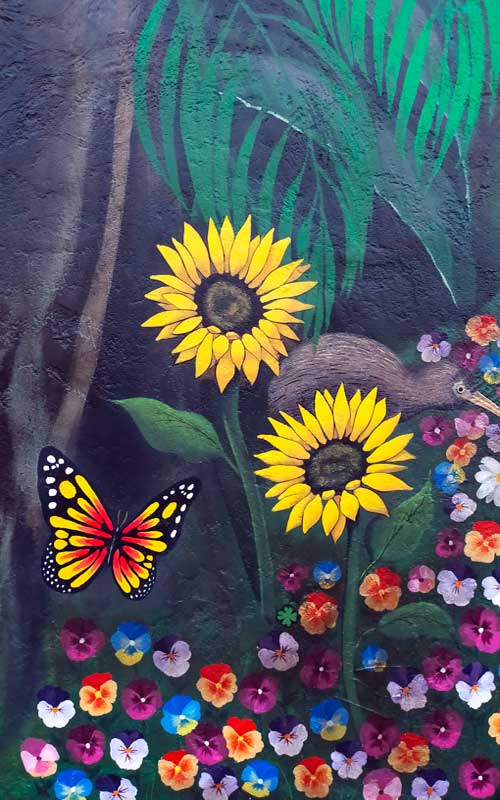 sun flowers and kiwi bird mural